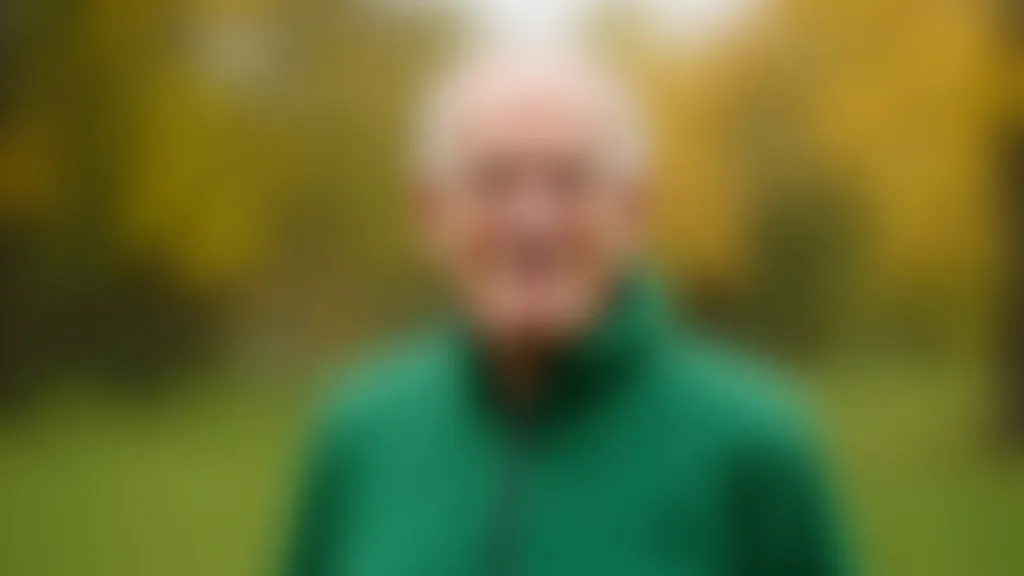 Mierīgs seniora vīrietis ar ģērbumiem zaļā sporta kopējā, kas stāv pie mežozāles ar pārliecinošu smaidu un atvērtām acīm